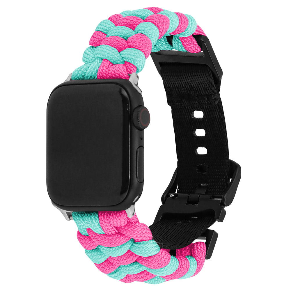 For Apple Watch Series 9 8 7 41mm / 6 5 4 SE (2023) SE (2022) SE 40mm / 3 2 1 38mm Nylon Rope Watch Band Dual Color - Lake Blue+Pink For Apple Watch Series 9 8 7 41mm / 6 5 4 SE (2023) SE (2022) SE 40mm / 3 2 1 38mm Nylon Rope Watch Band Dual Color - Lake Blue+Pink